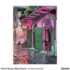 a painting of a pink building with green doors