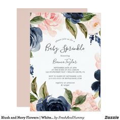 an elegant floral baby shower is shown with the words, blue and pink flowers on it