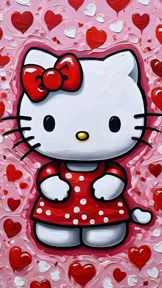 a painting of a hello kitty with hearts in the background