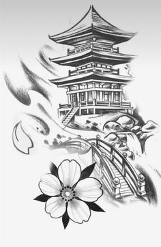 Chinese Temple Tattoo, Chinese Temple Tattoo Design, Pagoda Tattoo Design Cherry Blossoms, Japanese Building Tattoo, Japanese Pagoda Tattoo Design, Japanese Tattoo Temple