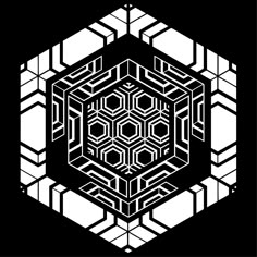 an abstract black and white design with hexagons in the center, on a black background