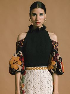 Buy CHANDRIMA Black Kala Cotton Embroidered Smocked Top Online Nykaa Fashion, Black Cold Shoulder Top, Fancy Tops, Embroidered Sleeves, Unique Blouse, Smocked Top, Halter Neck Top, Fashion Attire, Boho Look