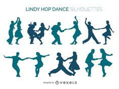 various silhouettes of people dancing in different positions and poses, with the words lindy hop dance silhouettes