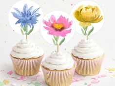 three cupcakes with white frosting and colorful flowers on top, surrounded by confetti