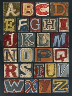 an old fashioned alphabet with letters and numbers in different colors, sizes and font styles