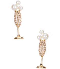 From kate spade new york&#x2C; the Cheers To That Stud Earrings feature:Stud earringsGold-plated metal/CZSignature spade ear clutch closureApprox. 1" L x 0.25" WImported. Kate Soade Earrings, Elegant Gold Earrings For Holiday, Elegant Gold Earrings For The Holiday Season, Cheers To That, Champagne Earrings, Kate Spade Earrings, Pearl Stud Earrings, Champagne Gold, Crystal Pearls