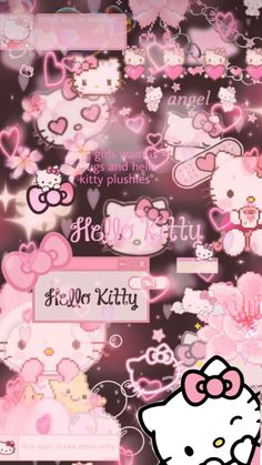 hello kitty wallpapers with pink hearts and bows on it's back side