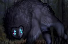 an animal with glowing eyes in the woods