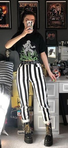 "#HalloweenOutfit#HalloweenCostume#HalloweenWear#SpookyFashion#HalloweenLook#CostumeInspo#HalloweenStyle#CostumeIdeas#HalloweenFashion#Halloween2024
" Grunge Christmas Outfit, Fair Outfit Ideas Carnival, White Striped Pants Outfit, White Striped Shirt Outfit, Stripe Pants Outfit, Checkered Outfit, Queer Style, Holiday Fits, Dragon Lady