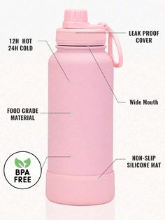 a pink water bottle with instructions on how to use the top and bottom part for drinking