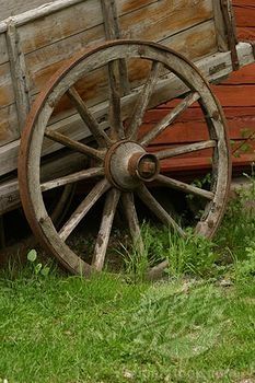 an old wooden wagon sitting in the grass