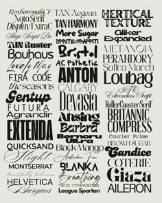 a poster with different types of font and numbers in black ink on white paper,