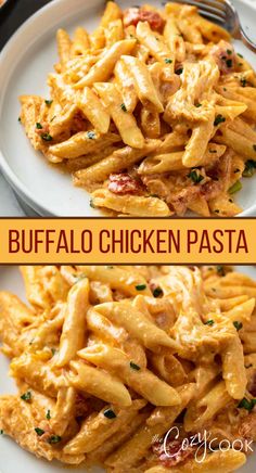 two plates filled with pasta and chicken on top of each other, next to the same plate