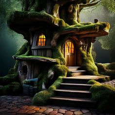 an image of a tree house with stairs leading up to it and moss growing on the roof