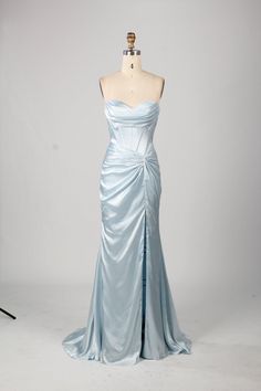 Get ready to turn heads at Prom 2024 with the Kiya Strapless Sky Blue Satin Fitted Prom Dress by Jessica Stuart! This stunning dress features a playful strapless design and a bold teal color that will make you stand out from the crowd. Perfect for a night of fun and unforgettable memories. High Leg Split Lace up Back Strapless Available in Sky Blue or Teal Silk Dresses For Prom, Wrap Prom Dress, Colourful Prom Dress, Where To Get Prom Dresses, Night Prom Dress, Baby Blue Prom Dress, Cinderella Prom Dress, Fitted Prom Dress, Sky Blue Outfit