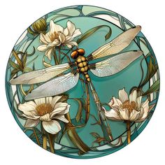 a dragonfly sitting on top of a flower next to water lilies in a stained glass bowl