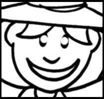 a black and white drawing of a person wearing a hat with eyes wide open, smiling