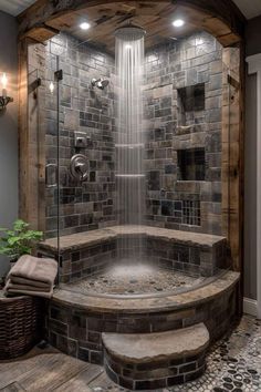 a large walk in shower sitting inside of a bathroom