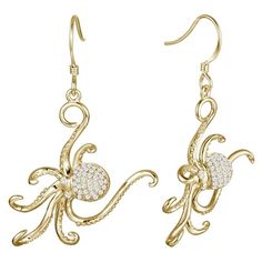 These 925 sterling silver, gold vermeil, hook earrings feature our original octopus motif paired with white topaz gemstones. Considered to have extremely powerful psychic abilities, the octopus symbolizes your strong intuition. As the octopus resides in the depths of the ocean, it is often equated with deep emotions and love. Details: Brand: Alamea Materials: 925 Sterling Silver Gemstone: Topaz Polished Finish Part of a Set Dimensions: Topaz Weight: 0.48ct Topaz Size (ø): 1mm-1.2mm *Contact our Strong Intuition, Octopus Earrings, Octopus Pendant, Deep Emotions, Octopus Design, Hawaiian Jewelry, The Octopus, Gold Diamond Earrings, Psychic Abilities