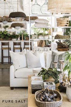 a living room filled with lots of furniture and plants in baskets on top of the tables