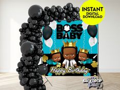 a birthday card with balloons and an image of a baby in a crown on it