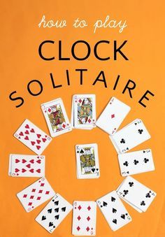 the cover of how to play clock solitaire, with playing cards arranged in a circle