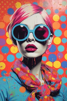 a painting of a woman with pink hair and blue sunglasses