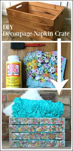 diy decoupage napkin crate with flowers on it and the instructions for how to make