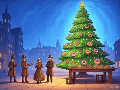 three people standing in front of a lit christmas tree with donuts on the top