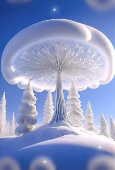 an artistic image of a tree in the snow with white trees and moon above it