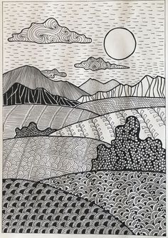 a black and white drawing of mountains with clouds in the sky above them, on paper