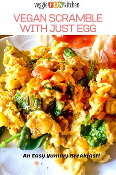 an egg and vegetable dish on a plate with the title vegan scramble with just egg