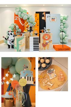 a collage of photos with balloons, cake and other items on display in the background