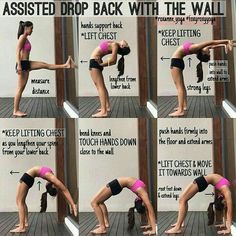 a woman doing yoga poses in front of a wall with instructions on how to do the splits