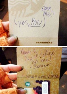 two pictures of someone's hand holding up a starbucks coffee card with writing on it