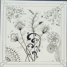 a drawing of flowers and plants in black and white