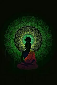 a buddha statue sitting in front of a green and yellow flower pattern on a black background