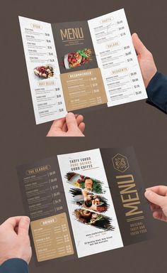 two hands holding up a menu for a restaurant with food on the front and side