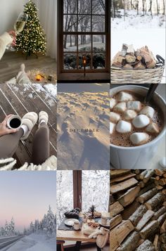 a collage of photos with snow, trees, and coffee in the wintertime