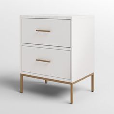 a white and wood nightstand with two drawers on one side, against a gray background