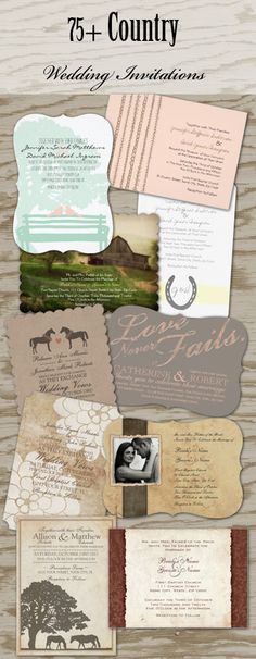 the wedding stationery is displayed on a wooden surface with text and photos in it