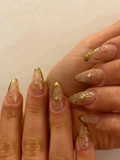 Gold | Chrome | Gel X | Nails | Pearl | Christmas Pearl Almond Nails Designs, Golden Almond Nails, Dainty Gold Nails, Gold Star Nail Design, Pride And Prejudice Nails, Golden Nails Designs Classy, Summer Nails With Gold, Gold Nails With Black, Gold Sun Nails