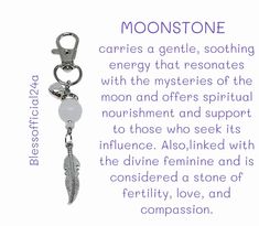 Embrace the enchanting energy of the Moonstone with our Moonstone Healing Stone Keychain. Known for its shimmering, ethereal glow, Moonstone is believed to enhance intuition, bring emotional balance, and inspire new beginnings. This beautiful keychain adds a touch of elegance to your daily accessories while offering the calming and mystical properties of Moonstone. Ideal for personal use or as a meaningful gift, this keychain helps you stay connected to the soothing and transformative energy of the Moonstone wherever you go. Moonstone carries a gentle, soothing energy that resonates with the mysteries of the moon and offers spiritual nourishment and support to those who seek its influence. Also, linked with the divine feminine and is considered a stone of fertility, love, and compassion. Stone Keychain, Daily Accessories, Witch Spirituality, Emotional Balance, Stay Connected, Healing Stone, Purse Charms, Divine Feminine, Healing Stones