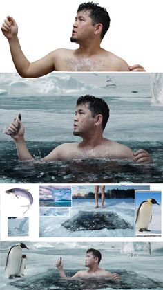 a man is swimming in the water with penguins