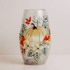 White Pumpkin - Crackle Glass Short Vase Hand Painted Candle Holders, Vase Ideas, Painted Glass Vases, Short Vase, Hand Painted Candles, Wax Melters, Fall Halloween Crafts, Candle Rings, Halloween Candles