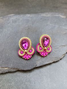 Gold And Magenta, Evening Earrings, Gold Crystals, Large Stud Earrings, Wedding Bridesmaid Jewelry, Super Duo, Soutache Earrings, Soutache Jewelry, Everyday Earrings