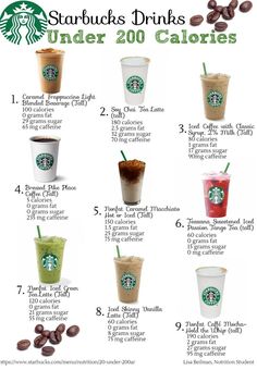 starbucks drinks and their calories are shown in this info sheet with the instructions for how to