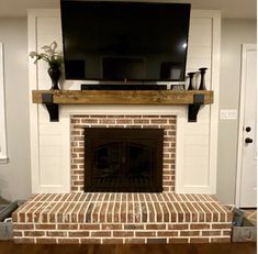 Rustic Farmhouse Shelf Brackets Wood Beam Fireplace, Beam Fireplace, Farmhouse Mantel, Heavy Duty Shelf Brackets, Floating Mantel, Reclaimed Wood Beams, Rustic Mantel, Brick Fireplace Makeover, Metal Shelf Brackets