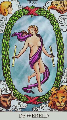 a tarot card with an image of a woman holding a wand and surrounded by animals