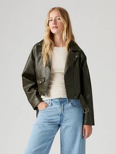 Elevate your style with our faux leather drop shoulder cropped moto jacket, featuring a removable belt for versatile styling options. Drop shoulder design for a relaxed and modern silhouette. Cropped length adds a contemporary edge to your look. Moto-inspired details including zippered cuffs and an asymmetrical front zipper closure. Removable belt for versatile styling options;cinch at the waist for a tailored fit or wear it loose for a laid-back vibe. Crafted from high-quality faux leather for a cruelty-free and sustainable alternative to traditional leather jackets. Trendy Cropped Leather Jacket For Spring, Trendy Cropped Leather Jacket, Chic Cropped Biker Jacket For Fall, Fall Cropped Belted Jacket, Trendy Levi's Outerwear With Zipper Closure, Spring Biker Jacket With Belt, Chic Spring Biker Jacket With Belt, Spring Biker Style Belted Outerwear, Casual Spring Belted Leather Jacket